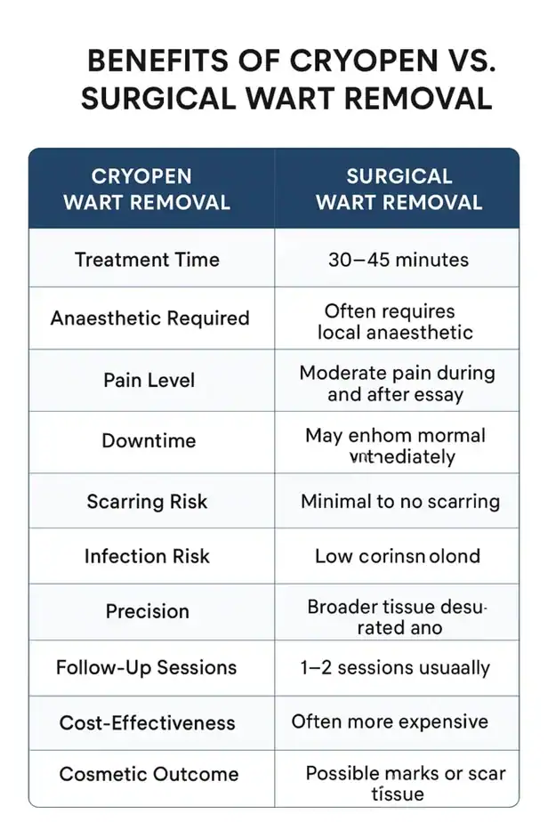 Table showing the benefits of cryopen to remove warts Lancashire compared to surgical treatment